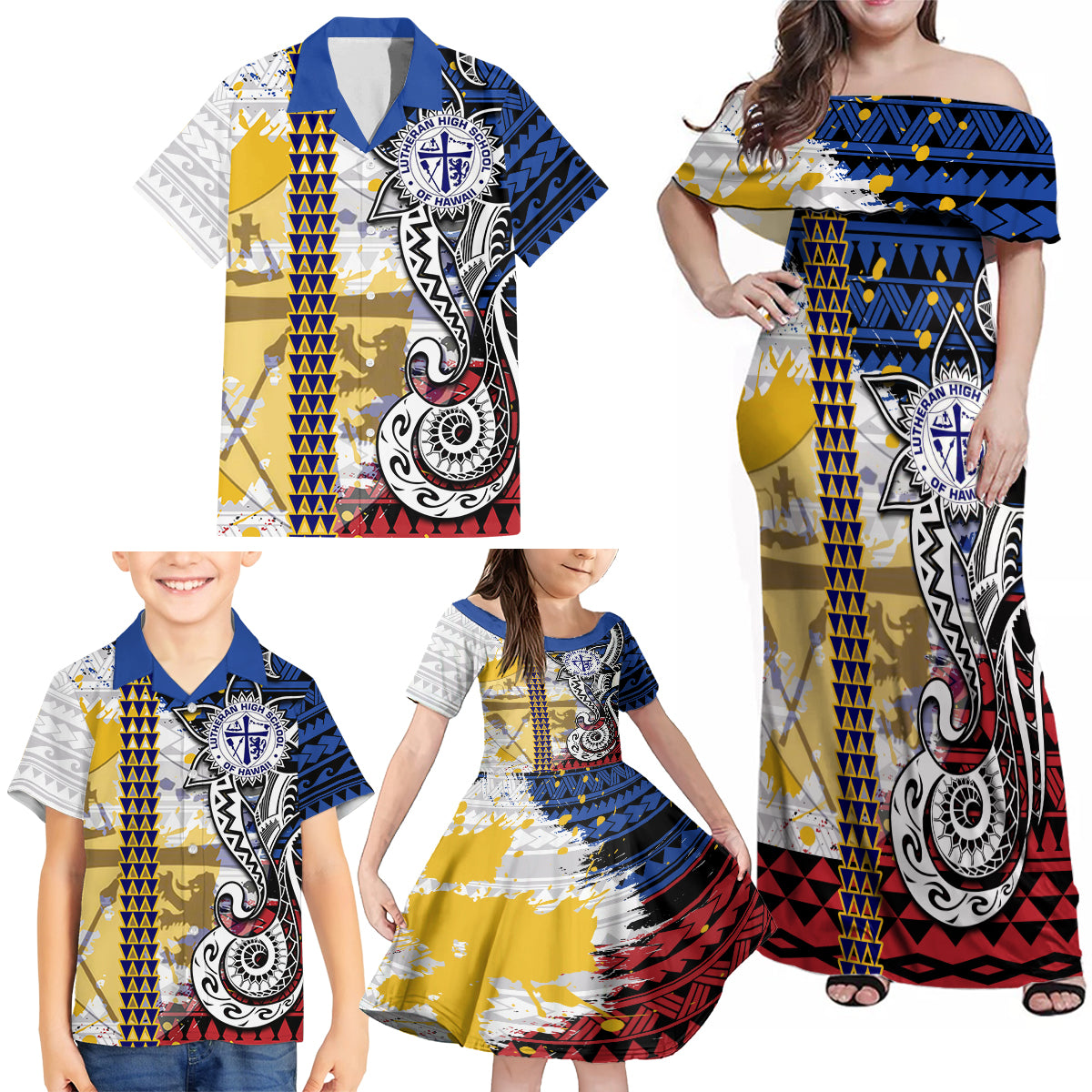 Hawaii Lutheran High School Family Matching Off Shoulder Maxi Dress and Hawaiian Shirt Kakau Pattern Splash Style LT03 - Polynesian Pride