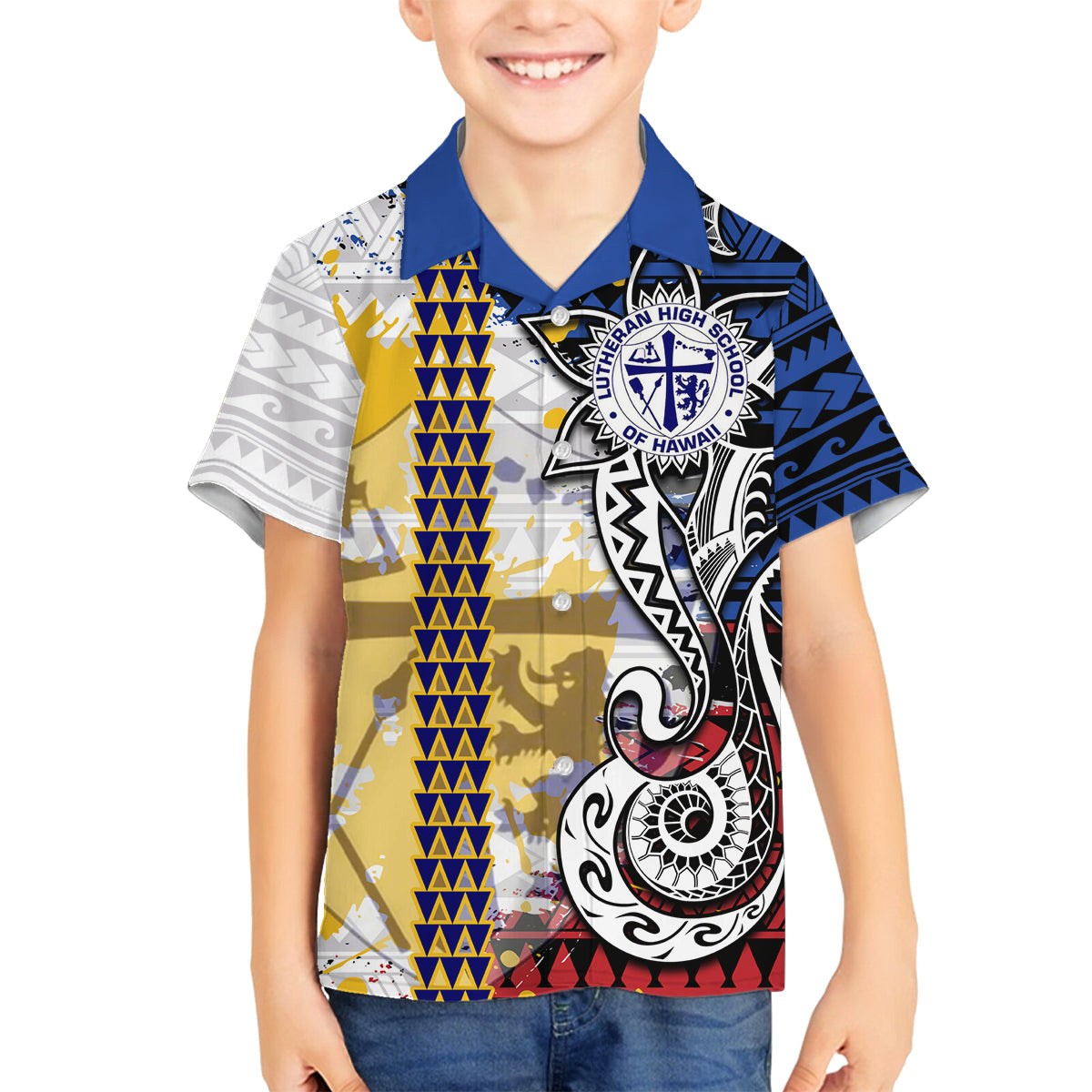 Hawaii Lutheran High School Family Matching Off Shoulder Maxi Dress and Hawaiian Shirt Kakau Pattern Splash Style LT03 Son's Shirt Red - Polynesian Pride