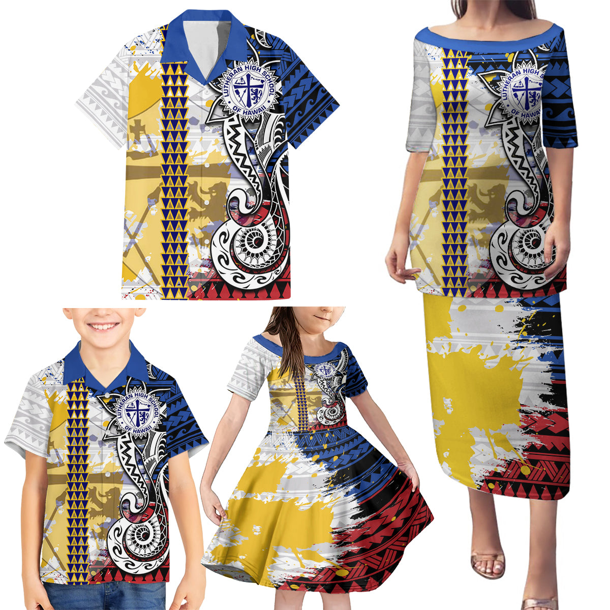 Hawaii Lutheran High School Family Matching Puletasi Dress and Hawaiian Shirt Kakau Pattern Splash Style LT03 - Polynesian Pride