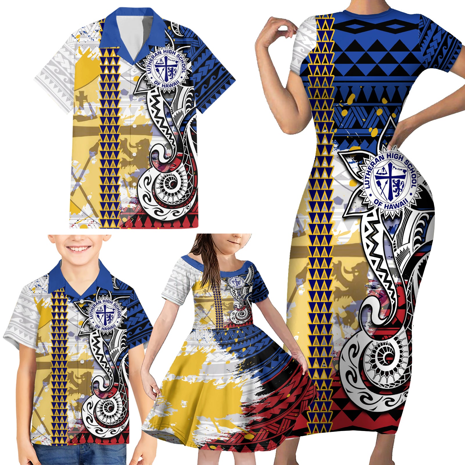 Hawaii Lutheran High School Family Matching Short Sleeve Bodycon Dress and Hawaiian Shirt Kakau Pattern Splash Style LT03 - Polynesian Pride