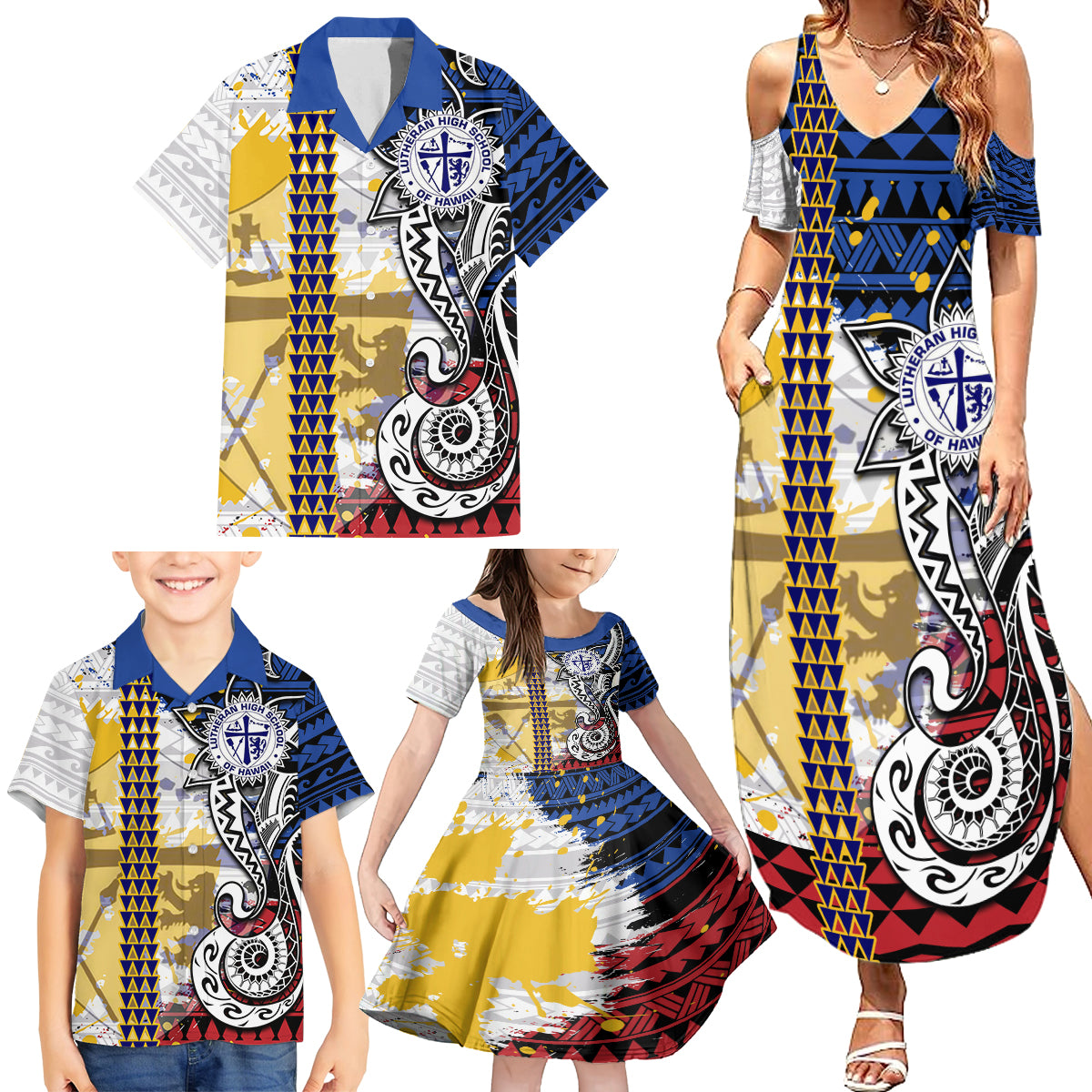 Hawaii Lutheran High School Family Matching Summer Maxi Dress and Hawaiian Shirt Kakau Pattern Splash Style LT03 - Polynesian Pride