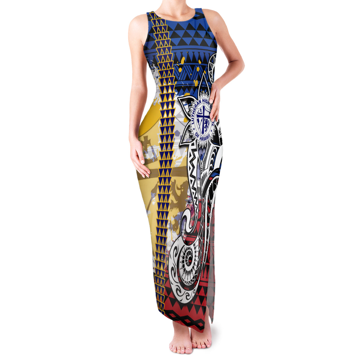 Hawaii Lutheran High School Family Matching Tank Maxi Dress and Hawaiian Shirt Kakau Pattern Splash Style LT03 Mom's Dress Red - Polynesian Pride