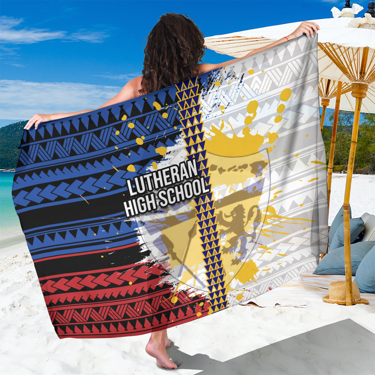 Hawaii Lutheran High School Sarong Kakau Pattern Splash Style LT03 One Size 44 x 66 inches Red - Polynesian Pride