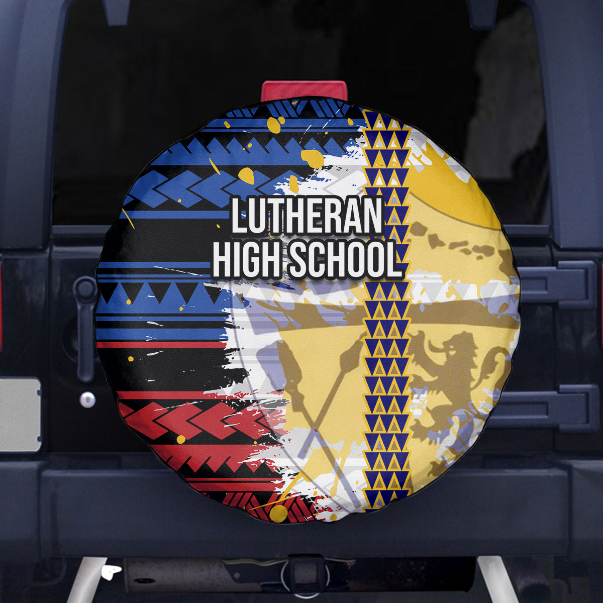 Hawaii Lutheran High School Spare Tire Cover Kakau Pattern Splash Style LT03 Red - Polynesian Pride