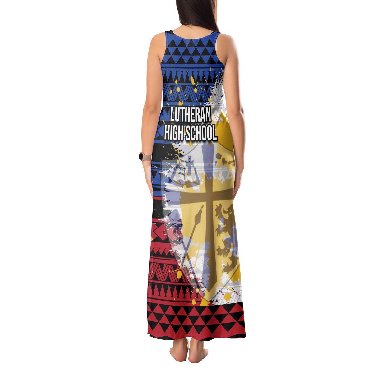 Hawaii Lutheran High School Tank Maxi Dress Kakau Pattern Splash Style LT03 - Polynesian Pride