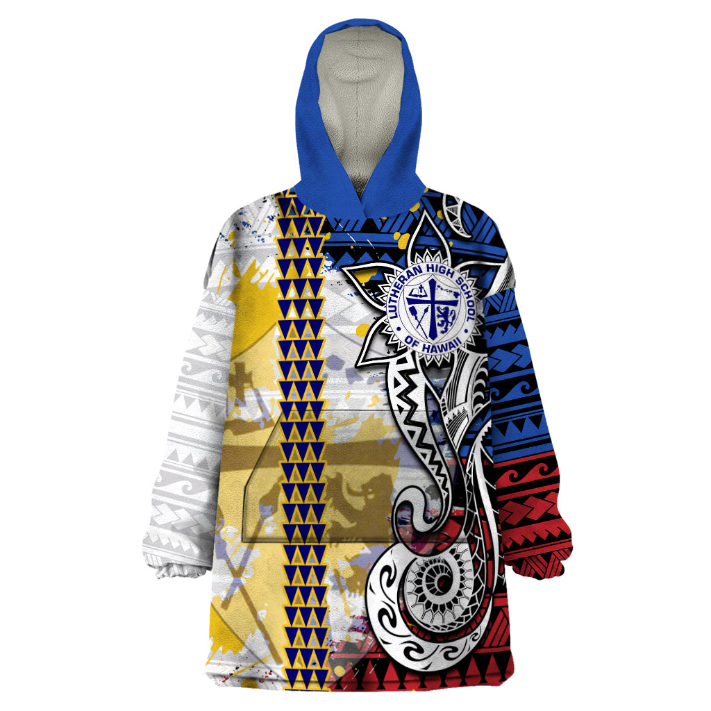 Hawaii Lutheran High School Wearable Blanket Hoodie Kakau Pattern Splash Style LT03 One Size Red - Polynesian Pride