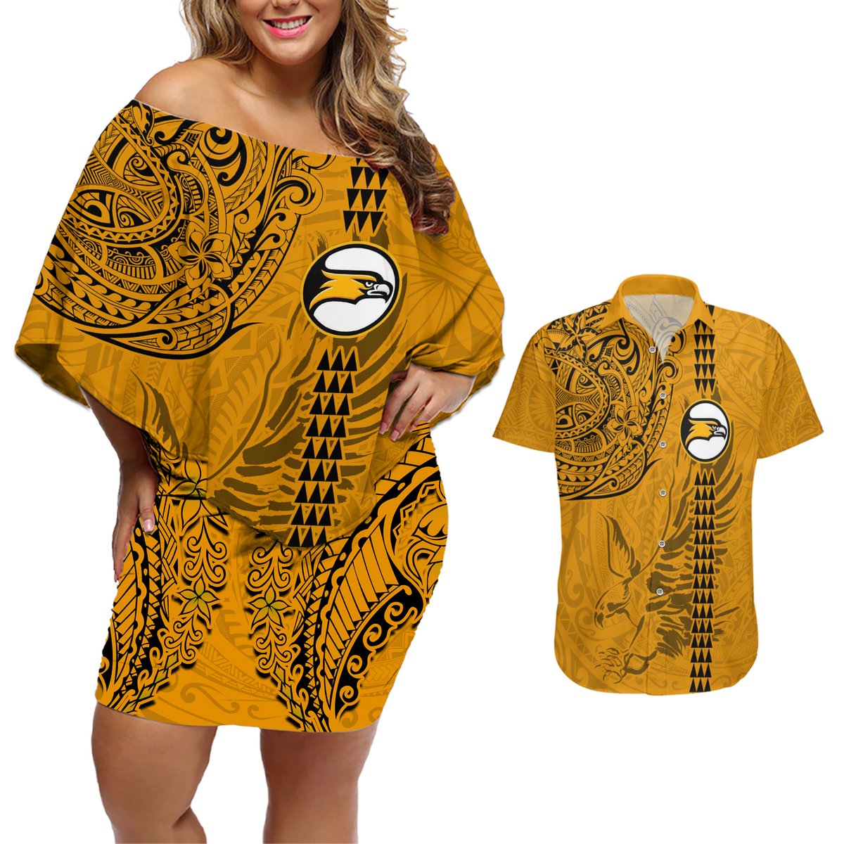 Nanakuli High and Intermediate School Couples Matching Off Shoulder Short Dress and Hawaiian Shirt Tribal Kakau Pattern LT03 Yellow - Polynesian Pride
