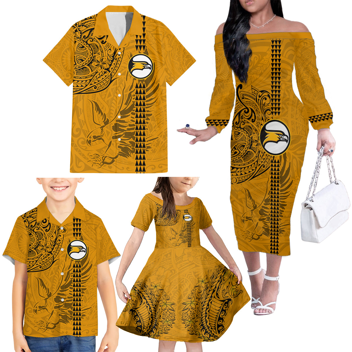 Nanakuli High and Intermediate School Family Matching Off Shoulder Long Sleeve Dress and Hawaiian Shirt Tribal Kakau Pattern LT03 - Polynesian Pride