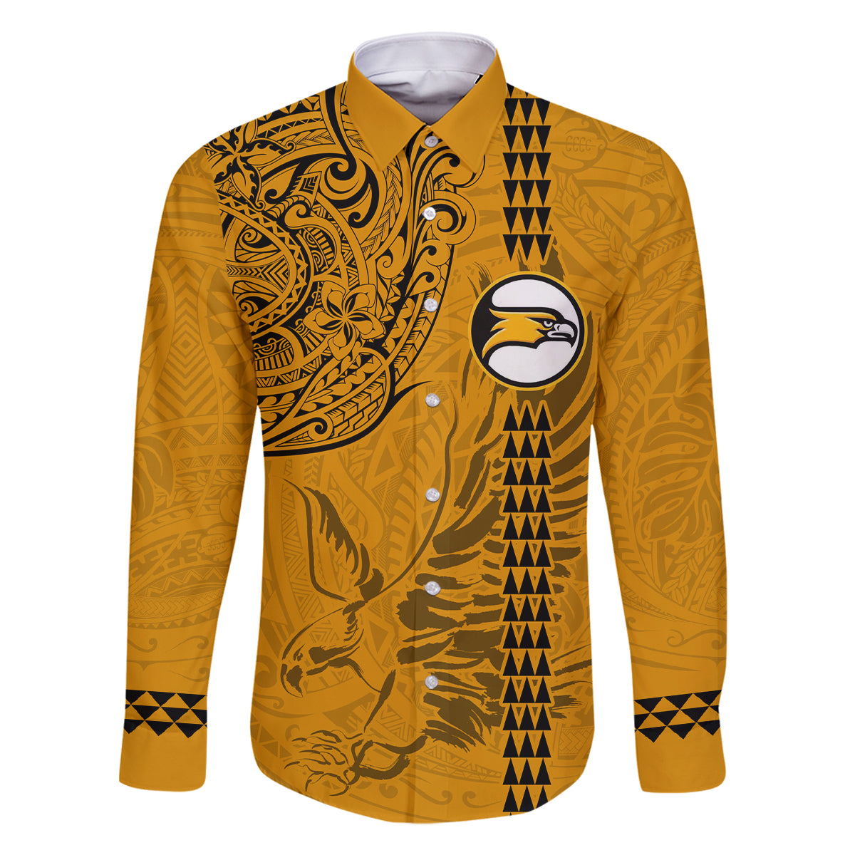 Nanakuli High and Intermediate School Family Matching Off Shoulder Maxi Dress and Hawaiian Shirt Tribal Kakau Pattern LT03 Dad's Shirt - Long Sleeve Yellow - Polynesian Pride