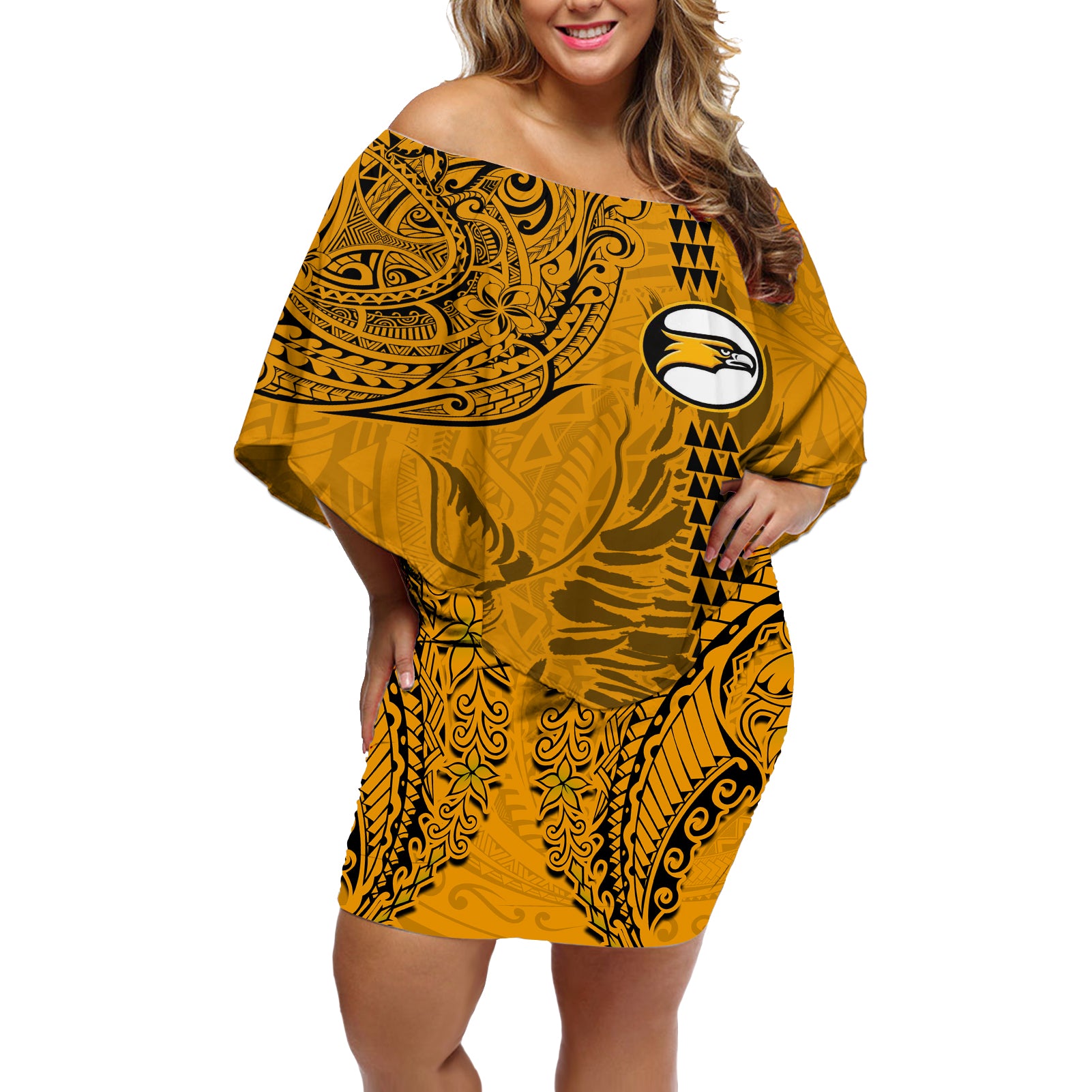 Nanakuli High and Intermediate School Off Shoulder Short Dress Tribal Kakau Pattern LT03 Women Yellow - Polynesian Pride