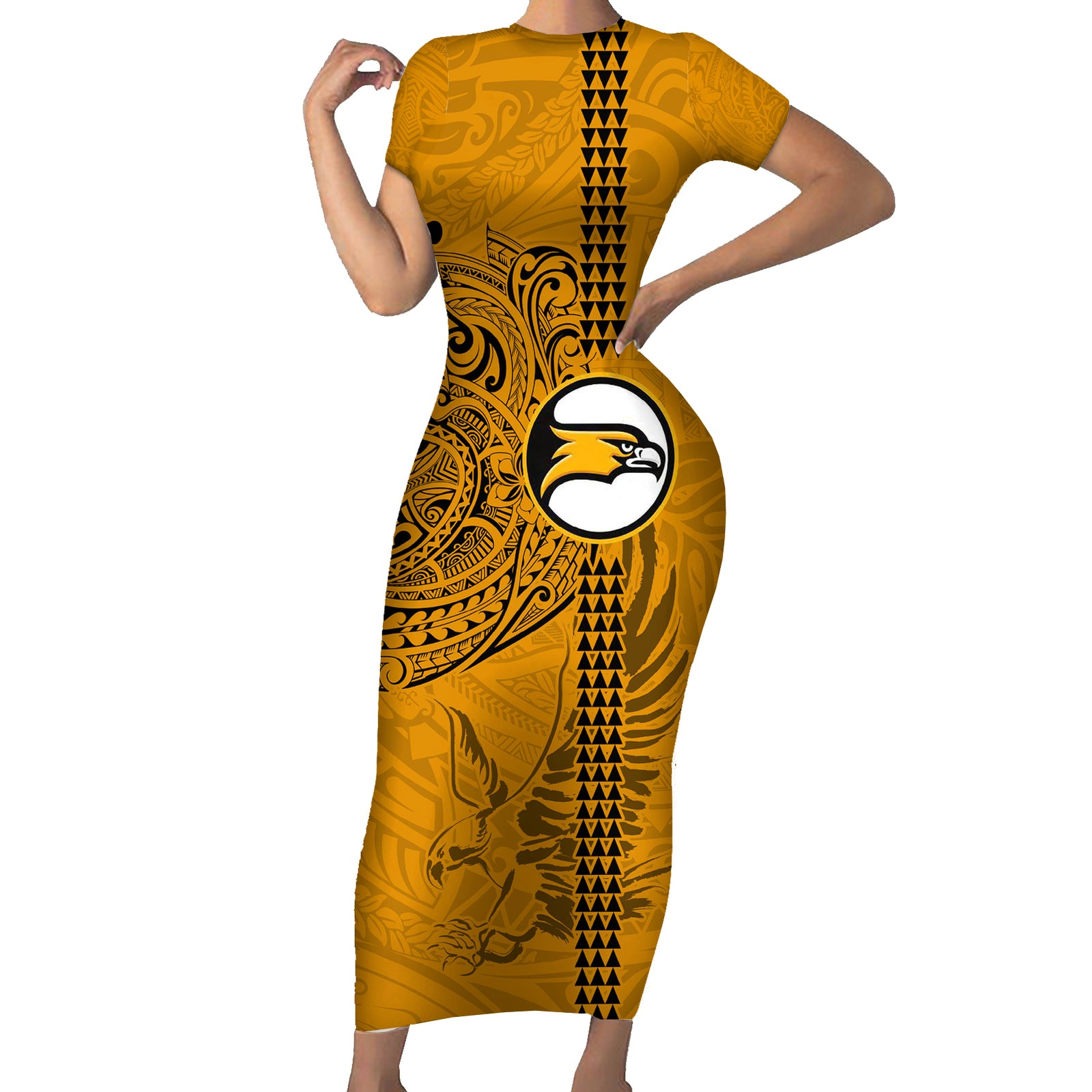 Nanakuli High and Intermediate School Short Sleeve Bodycon Dress Tribal Kakau Pattern LT03 Long Dress Yellow - Polynesian Pride