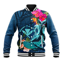 Hawaii Baseball Jacket Whale Mix Hibiscus and Kanaka Maoli Blue Version LT03 Unisex Blue - Polynesian Pride