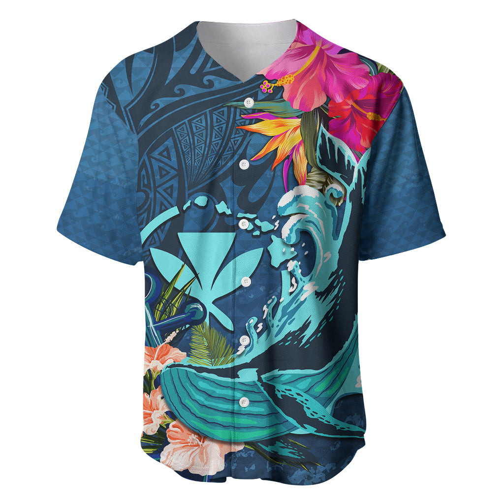 Hawaii Baseball Jersey Whale Mix Hibiscus and Kanaka Maoli Blue Version LT03 Blue - Polynesian Pride