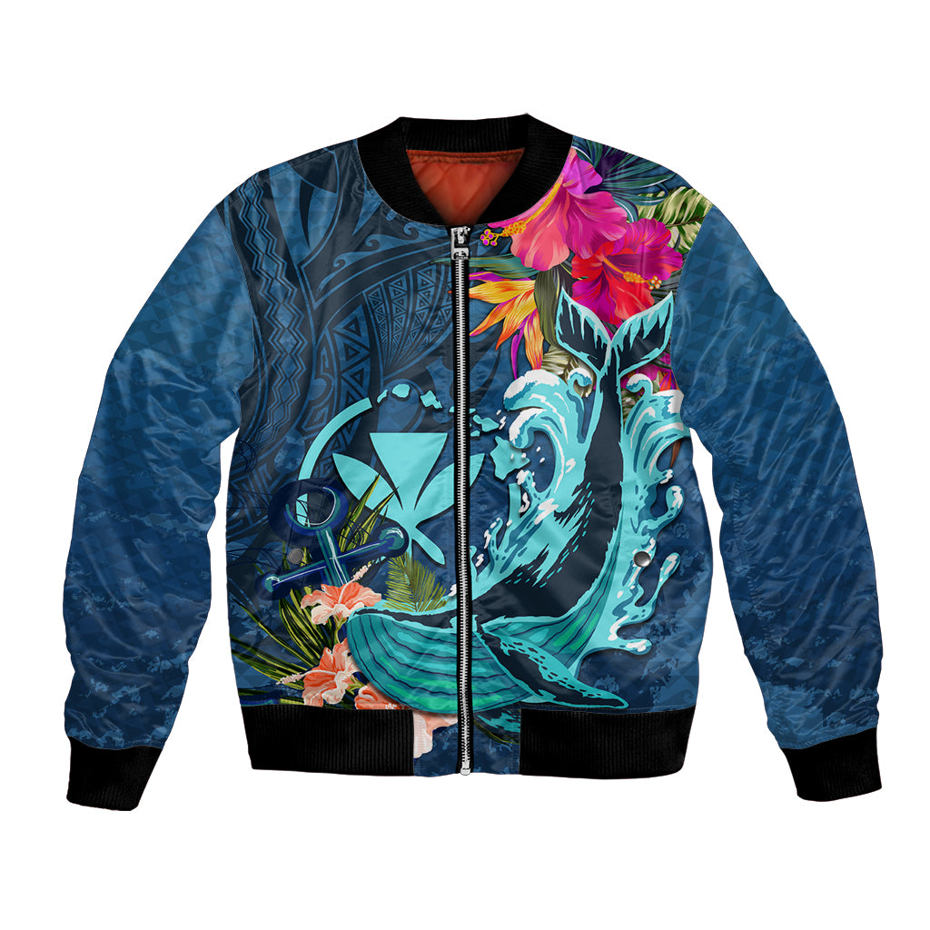 Hawaii Bomber Jacket Whale Mix Hibiscus and Kanaka Maoli Blue Version LT03 Unisex Blue - Polynesian Pride