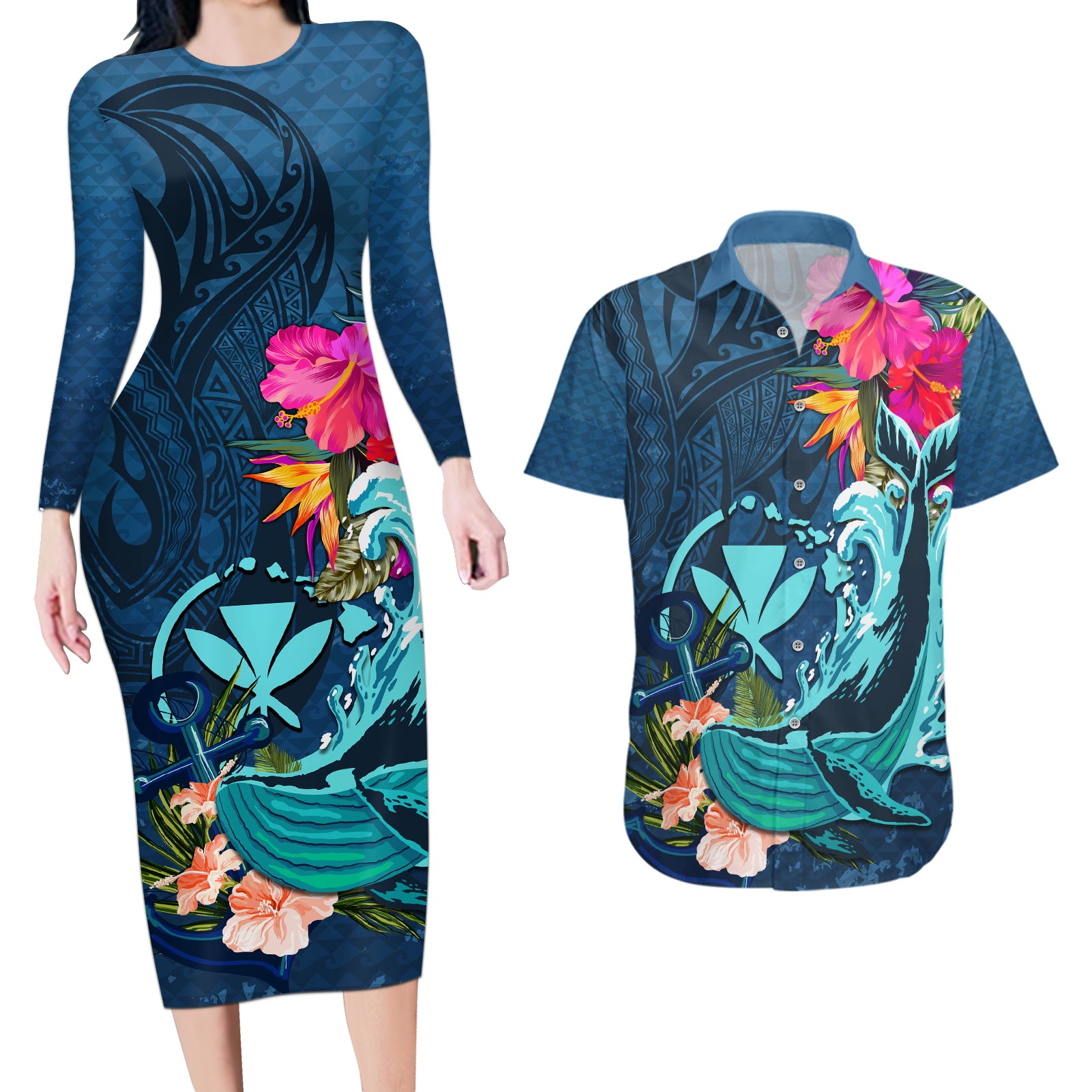 Hawaii Couples Matching Long Sleeve Bodycon Dress and Hawaiian Shirt Whale Mix Hibiscus and Kanaka Maoli Blue Version LT03 Blue - Polynesian Pride