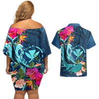 Hawaii Couples Matching Off Shoulder Short Dress and Hawaiian Shirt Whale Mix Hibiscus and Kanaka Maoli Blue Version LT03 - Polynesian Pride