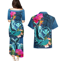 Hawaii Couples Matching Puletasi and Hawaiian Shirt Whale Mix Hibiscus and Kanaka Maoli Blue Version LT03 - Polynesian Pride
