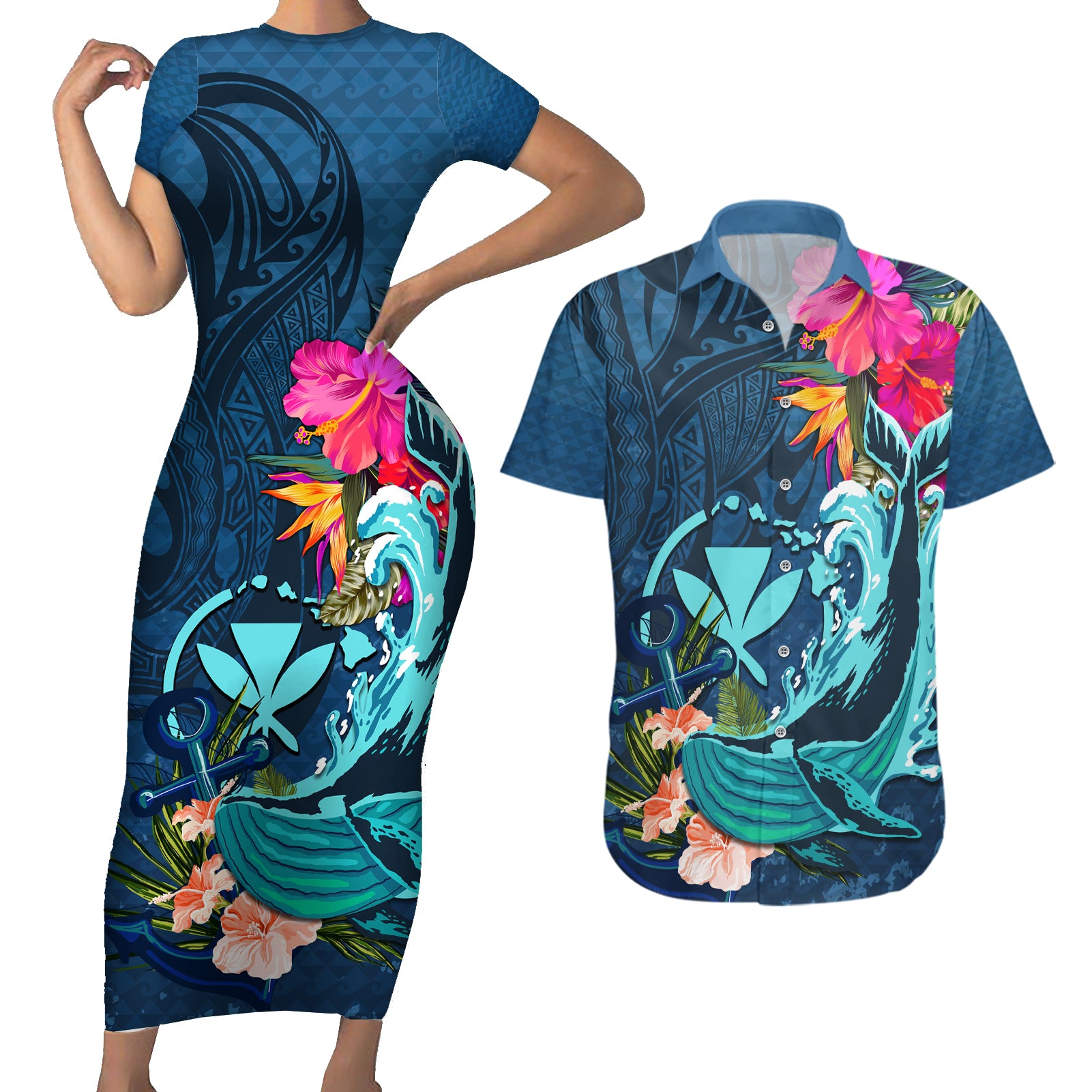 Hawaii Couples Matching Short Sleeve Bodycon Dress and Hawaiian Shirt Whale Mix Hibiscus and Kanaka Maoli Blue Version LT03 Blue - Polynesian Pride