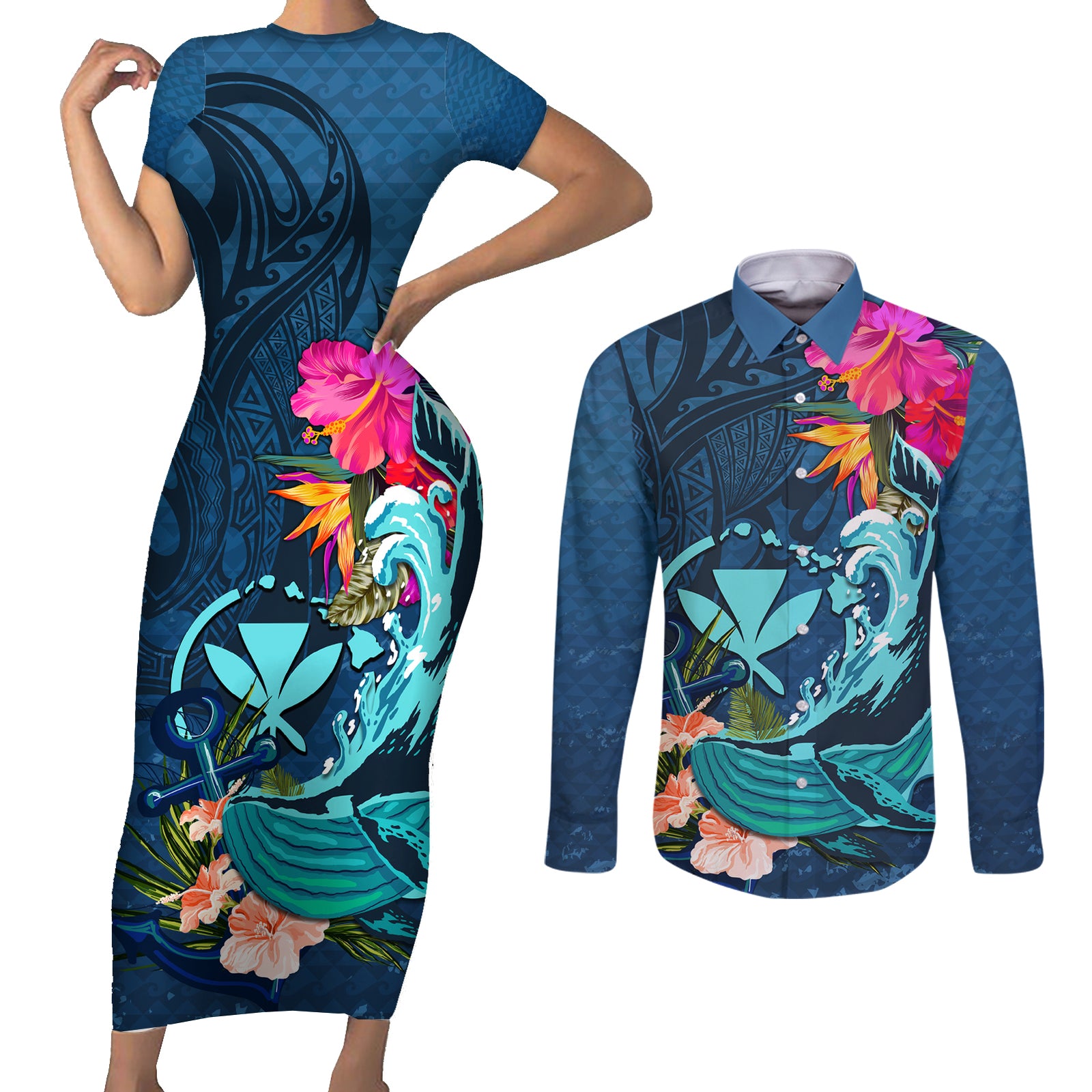Hawaii Couples Matching Short Sleeve Bodycon Dress and Long Sleeve Button Shirt Whale Mix Hibiscus and Kanaka Maoli Blue Version LT03 Blue - Polynesian Pride