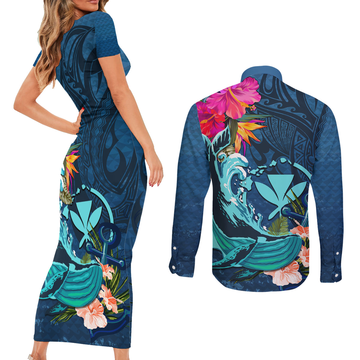 Hawaii Couples Matching Short Sleeve Bodycon Dress and Long Sleeve Button Shirt Whale Mix Hibiscus and Kanaka Maoli Blue Version LT03 - Polynesian Pride