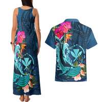 Hawaii Couples Matching Tank Maxi Dress and Hawaiian Shirt Whale Mix Hibiscus and Kanaka Maoli Blue Version LT03 - Polynesian Pride