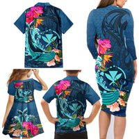 Hawaii Family Matching Long Sleeve Bodycon Dress and Hawaiian Shirt Whale Mix Hibiscus and Kanaka Maoli Blue Version LT03 - Polynesian Pride