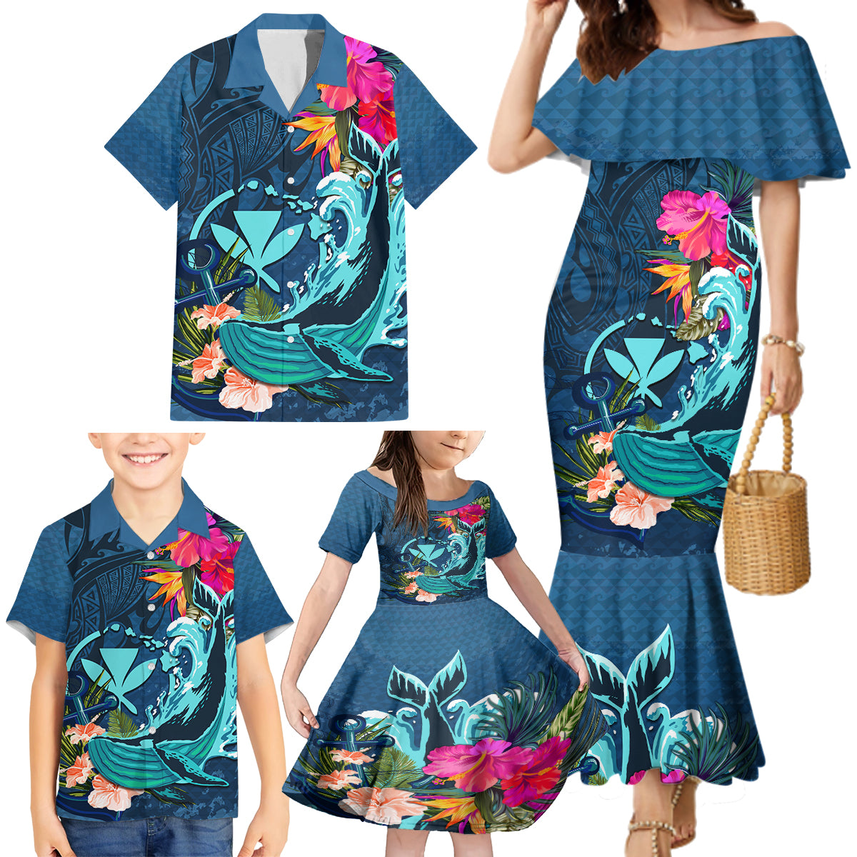 Hawaii Family Matching Mermaid Dress and Hawaiian Shirt Whale Mix Hibiscus and Kanaka Maoli Blue Version LT03 - Polynesian Pride