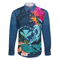 Hawaii Family Matching Off Shoulder Long Sleeve Dress and Hawaiian Shirt Whale Mix Hibiscus and Kanaka Maoli Blue Version LT03 Dad's Shirt - Long Sleeve Blue - Polynesian Pride