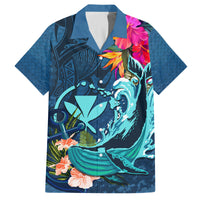 Hawaii Family Matching Off Shoulder Maxi Dress and Hawaiian Shirt Whale Mix Hibiscus and Kanaka Maoli Blue Version LT03 Dad's Shirt - Short Sleeve Blue - Polynesian Pride