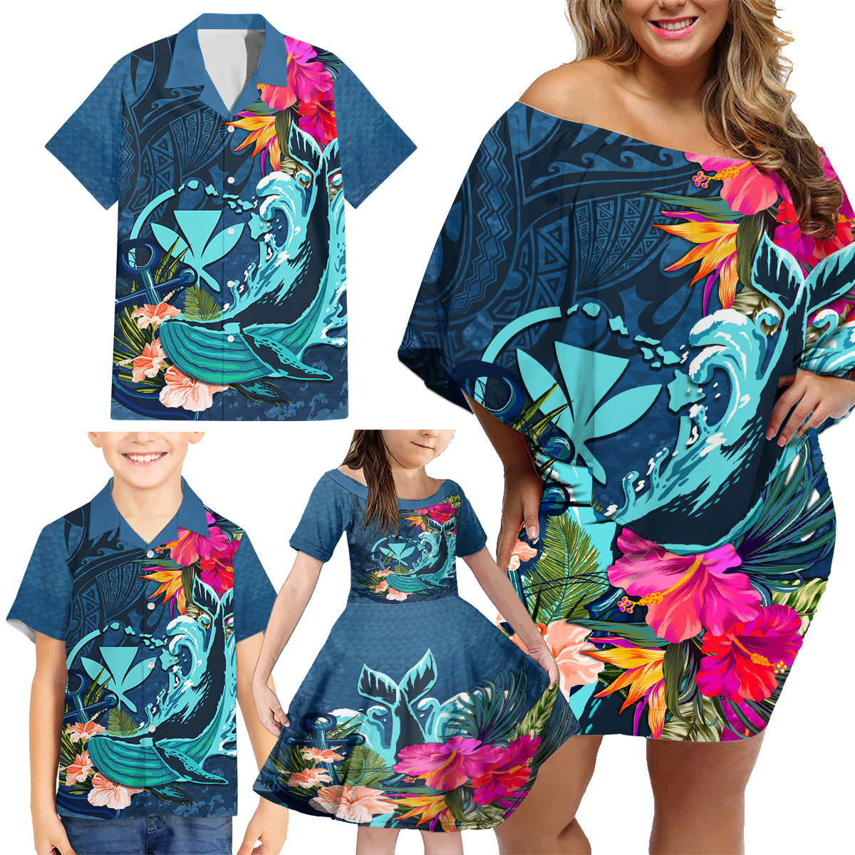 Hawaii Family Matching Off Shoulder Short Dress and Hawaiian Shirt Whale Mix Hibiscus and Kanaka Maoli Blue Version LT03 - Polynesian Pride