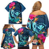 Hawaii Family Matching Off Shoulder Short Dress and Hawaiian Shirt Whale Mix Hibiscus and Kanaka Maoli Blue Version LT03 - Polynesian Pride