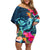 Hawaii Family Matching Off Shoulder Short Dress and Hawaiian Shirt Whale Mix Hibiscus and Kanaka Maoli Blue Version LT03 Mom's Dress Blue - Polynesian Pride