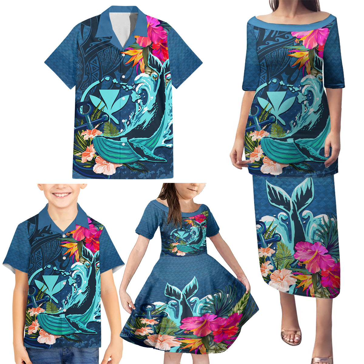 Hawaii Family Matching Puletasi and Hawaiian Shirt Whale Mix Hibiscus and Kanaka Maoli Blue Version LT03 - Polynesian Pride