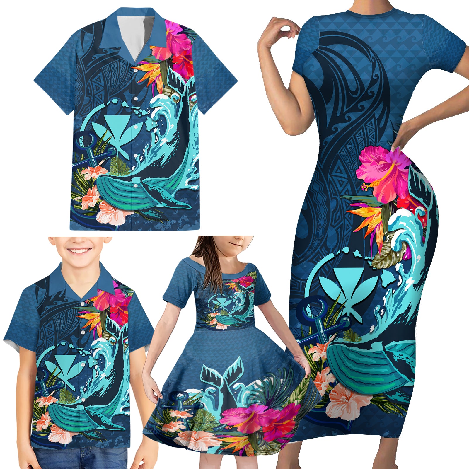 Hawaii Family Matching Short Sleeve Bodycon Dress and Hawaiian Shirt Whale Mix Hibiscus and Kanaka Maoli Blue Version LT03 - Polynesian Pride