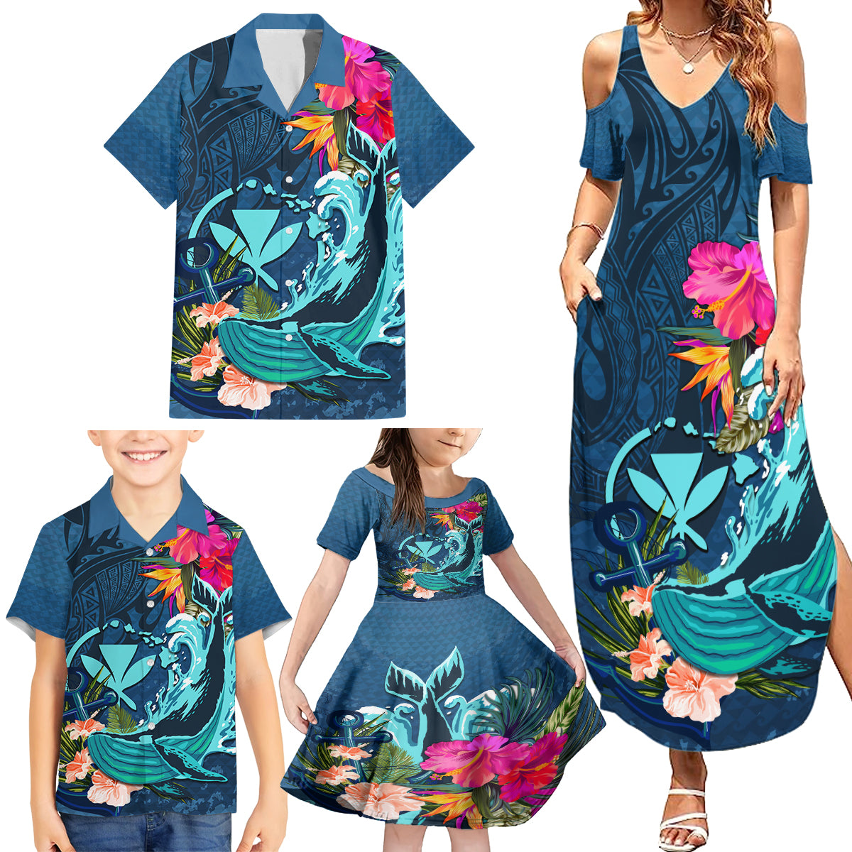 Hawaii Family Matching Summer Maxi Dress and Hawaiian Shirt Whale Mix Hibiscus and Kanaka Maoli Blue Version LT03 - Polynesian Pride