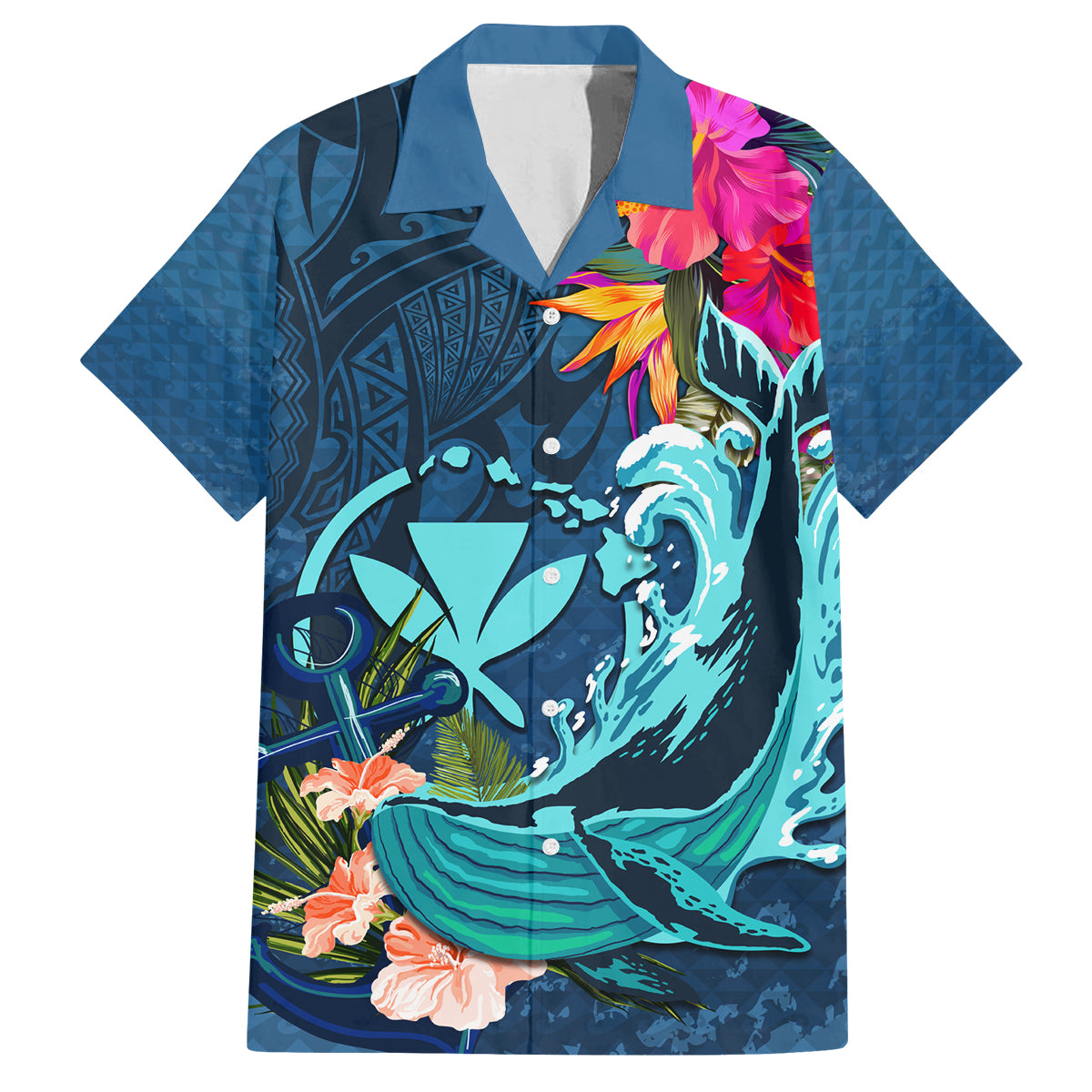 Hawaii Family Matching Summer Maxi Dress and Hawaiian Shirt Whale Mix Hibiscus and Kanaka Maoli Blue Version LT03 Dad's Shirt - Short Sleeve Blue - Polynesian Pride