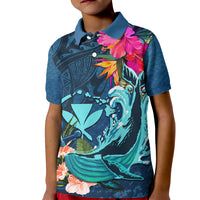 Hawaii Kid Polo Shirt Whale Mix Hibiscus and Kanaka Maoli Blue Version LT03 Kid Blue - Polynesian Pride