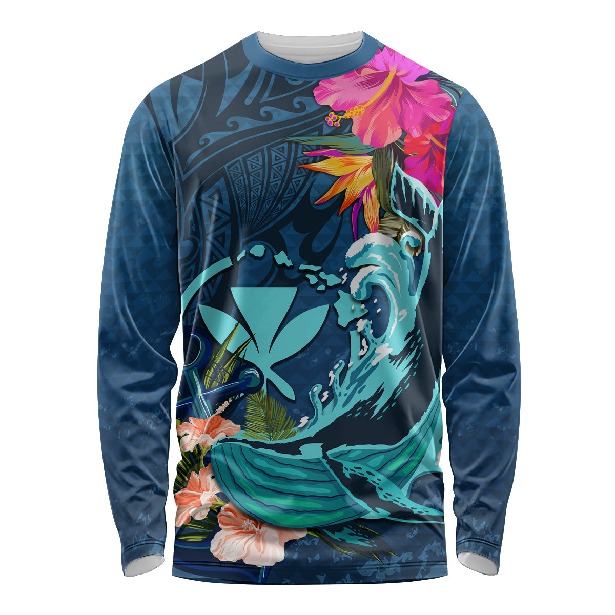 Hawaii Long Sleeve Shirt Whale Mix Hibiscus and Kanaka Maoli Blue Version LT03 Unisex Blue - Polynesian Pride