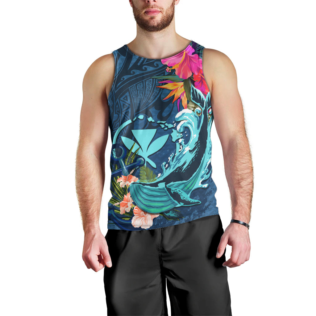 Hawaii Men Tank Top Whale Mix Hibiscus and Kanaka Maoli Blue Version LT03 - Polynesian Pride
