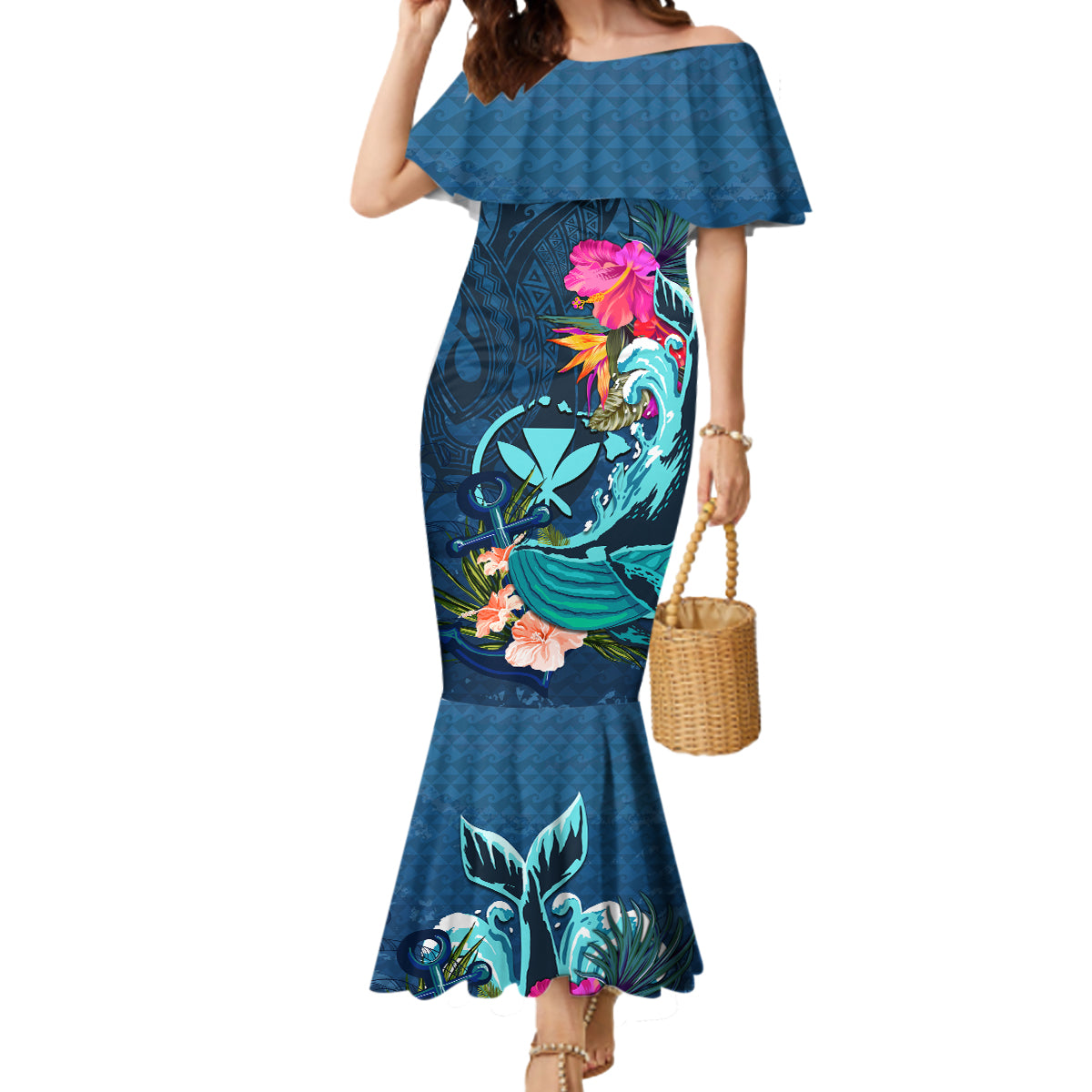 Hawaii Mermaid Dress Whale Mix Hibiscus and Kanaka Maoli Blue Version LT03 Women Blue - Polynesian Pride