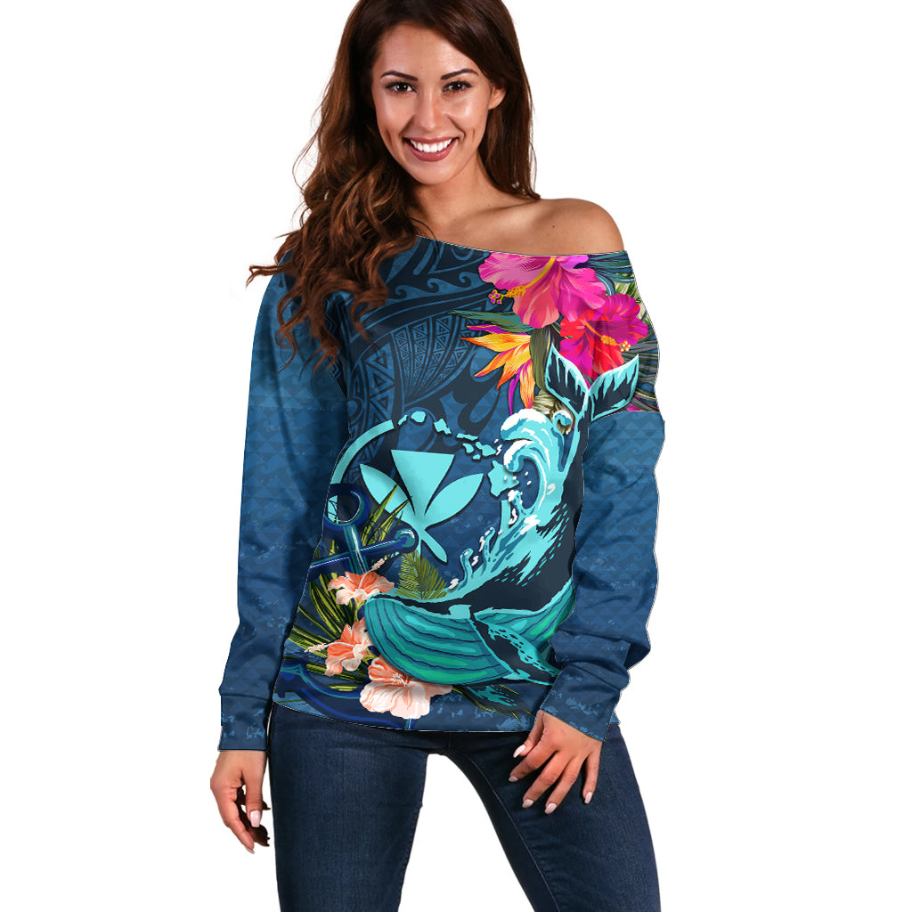 Hawaii Off Shoulder Sweater Whale Mix Hibiscus and Kanaka Maoli Blue Version LT03 Women Blue - Polynesian Pride