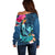 Hawaii Off Shoulder Sweater Whale Mix Hibiscus and Kanaka Maoli Blue Version LT03 - Polynesian Pride