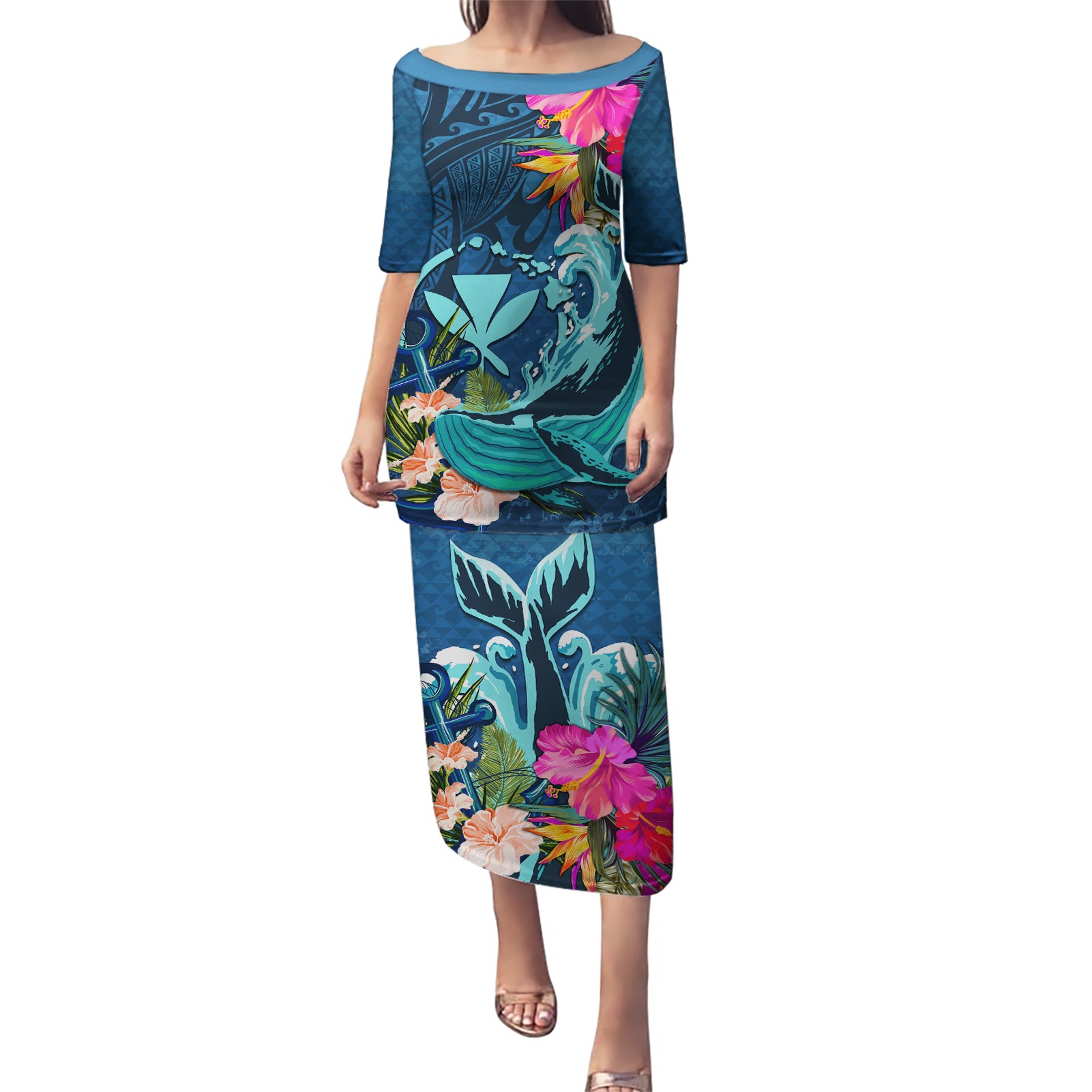 Hawaii Puletasi Whale Mix Hibiscus and Kanaka Maoli Blue Version LT03 Long Dress Blue - Polynesian Pride