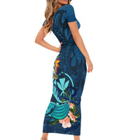 Hawaii Short Sleeve Bodycon Dress Whale Mix Hibiscus and Kanaka Maoli Blue Version LT03 - Polynesian Pride