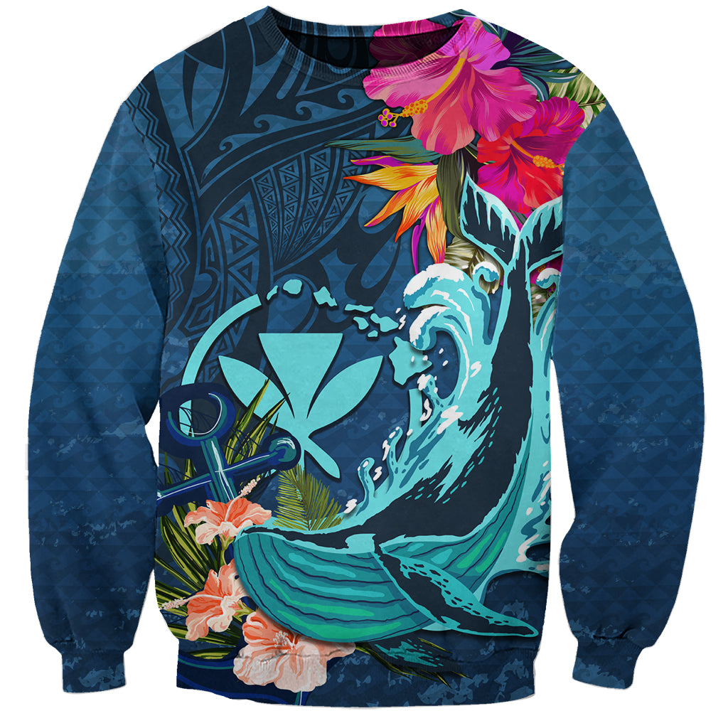 Hawaii Sweatshirt Whale Mix Hibiscus and Kanaka Maoli Blue Version LT03 Unisex Blue - Polynesian Pride