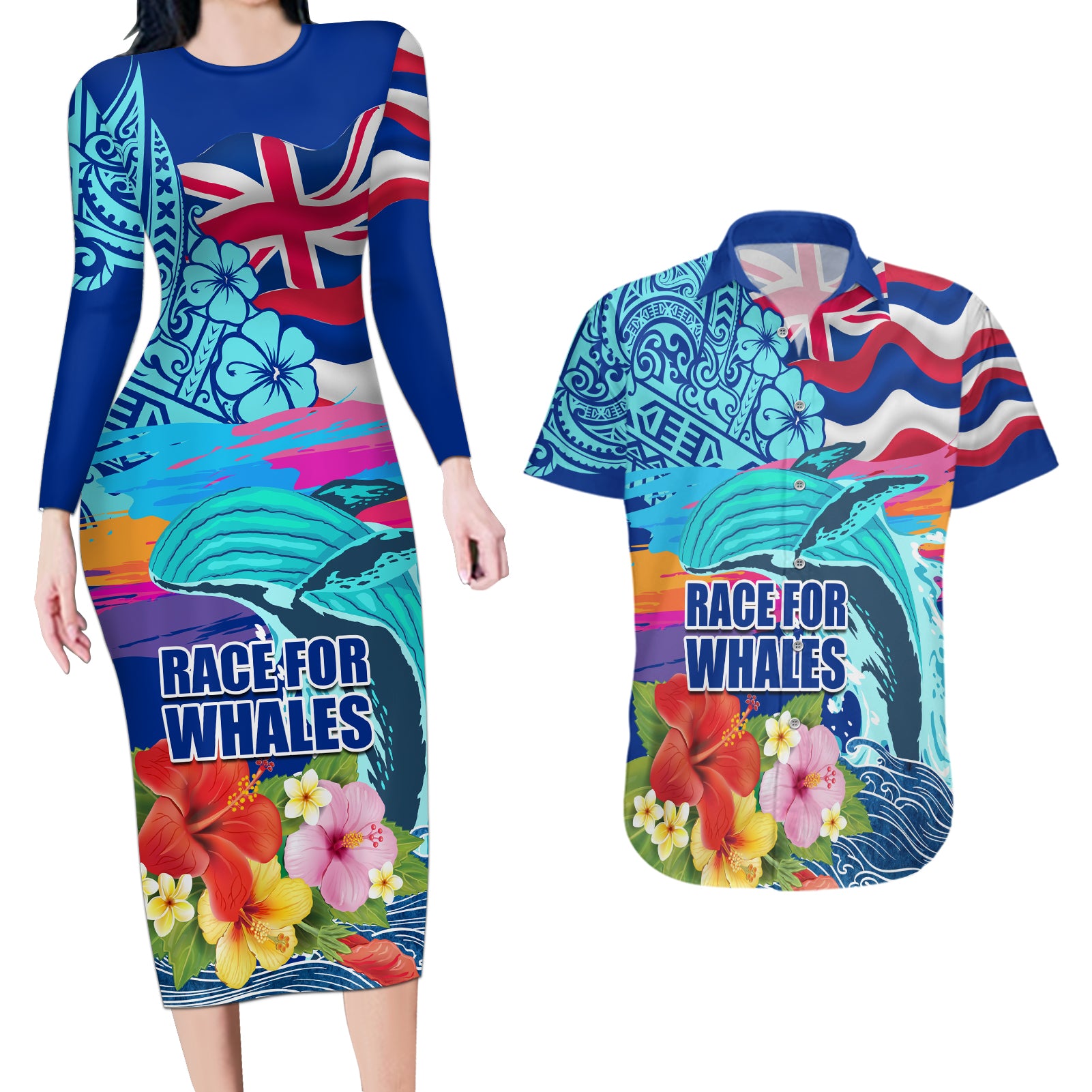 Hawaii Race For Whales Couples Matching Long Sleeve Bodycon Dress and Hawaiian Shirt Flag and Polynesian Hibiscus LT03 Blue - Polynesian Pride