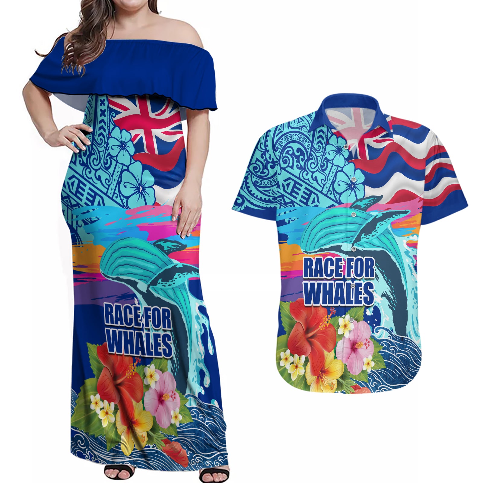 Hawaii Race For Whales Couples Matching Off Shoulder Maxi Dress and Hawaiian Shirt Flag and Polynesian Hibiscus LT03 Blue - Polynesian Pride