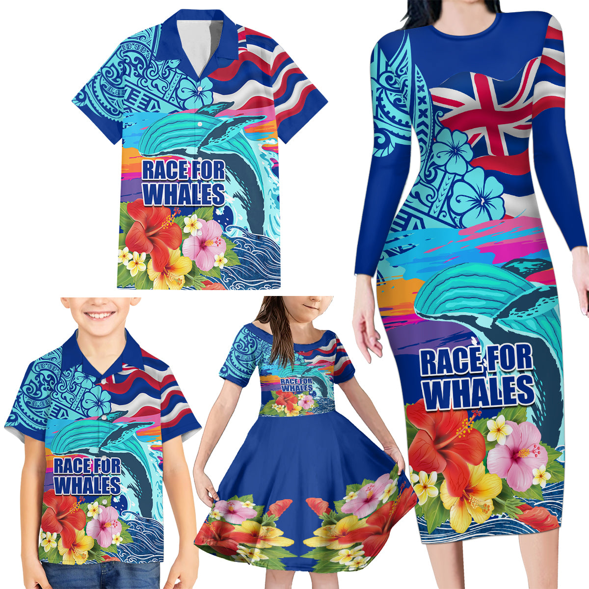 Hawaii Race For Whales Family Matching Long Sleeve Bodycon Dress and Hawaiian Shirt Flag and Polynesian Hibiscus LT03 - Polynesian Pride