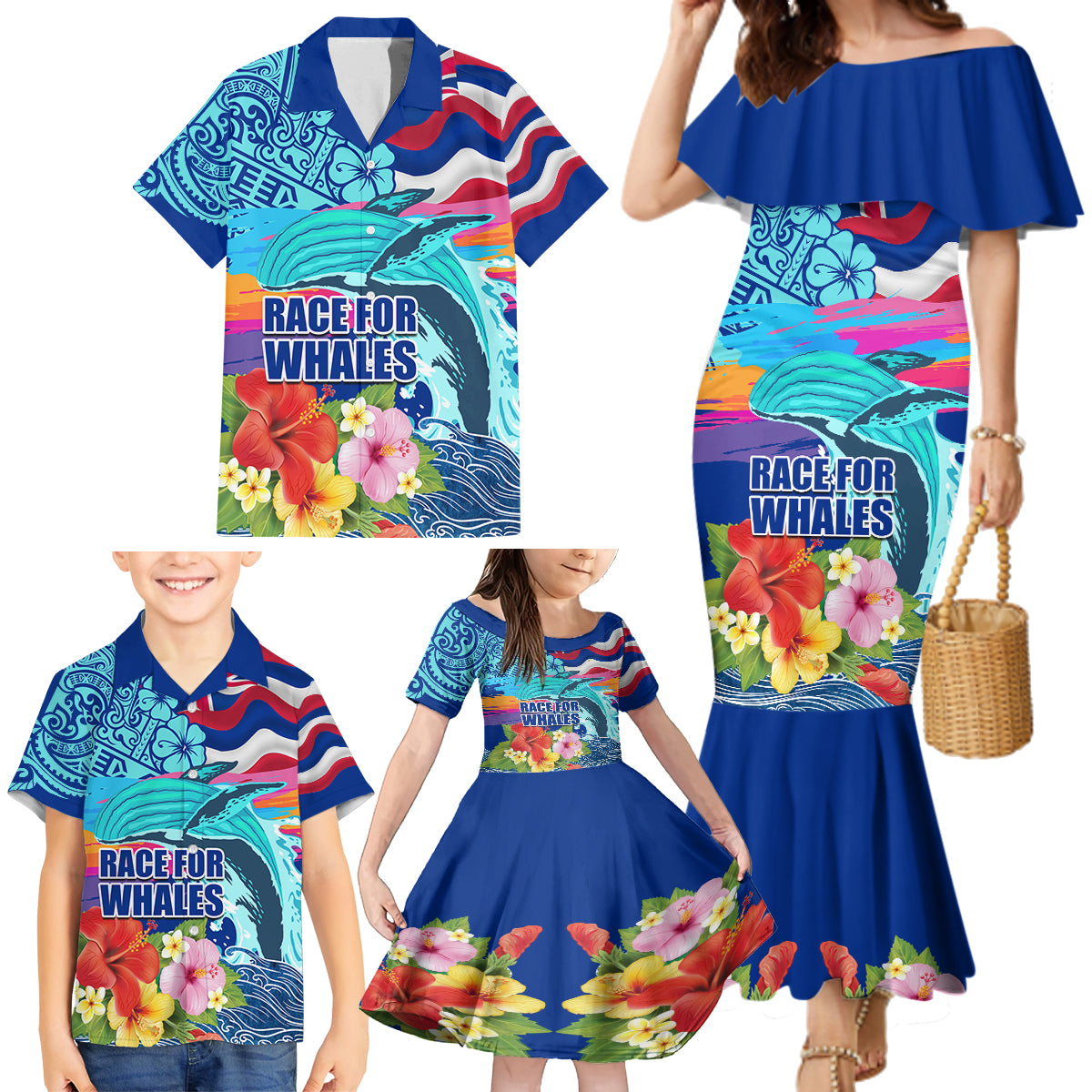 Hawaii Race For Whales Family Matching Mermaid Dress and Hawaiian Shirt Flag and Polynesian Hibiscus LT03 - Polynesian Pride