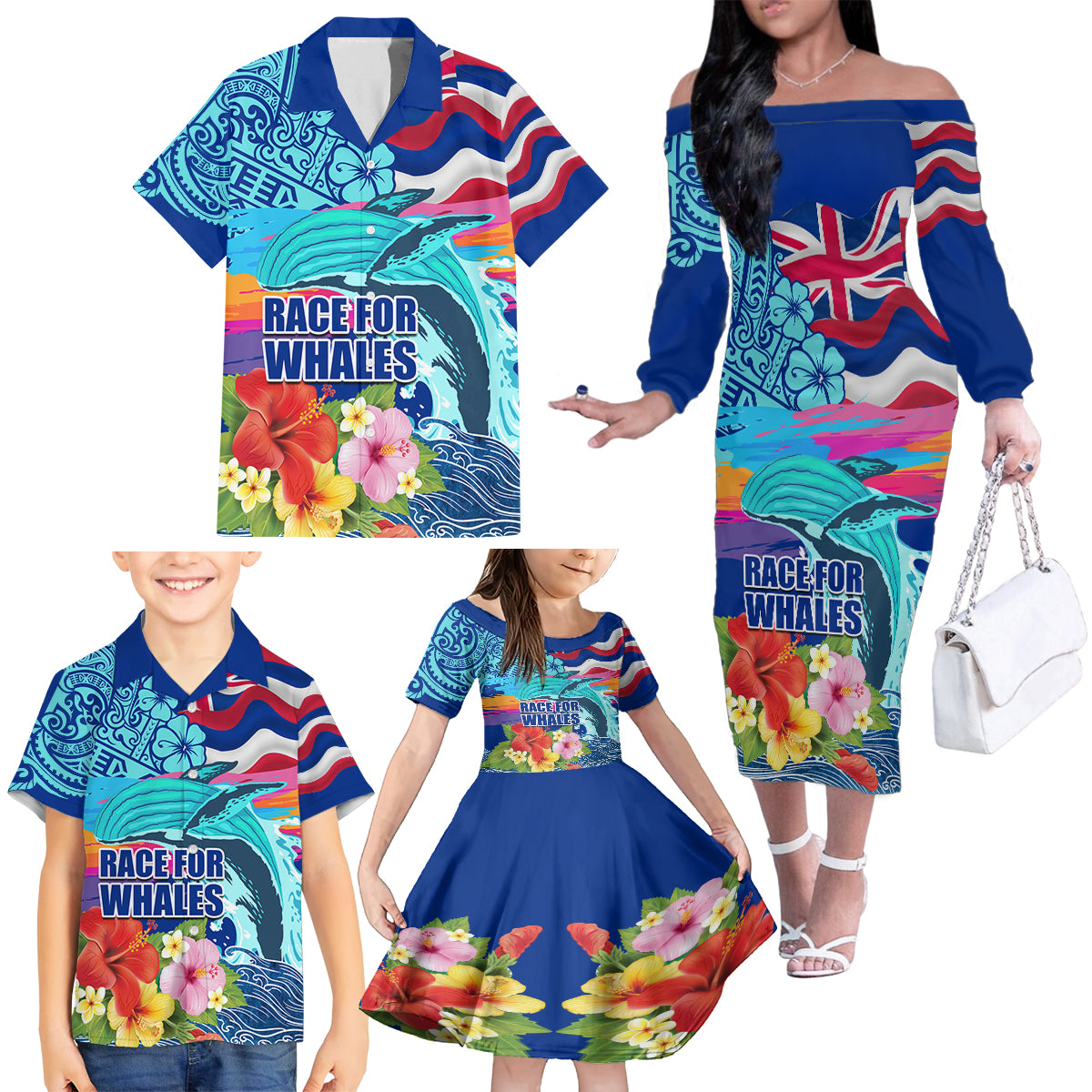 Hawaii Race For Whales Family Matching Off Shoulder Long Sleeve Dress and Hawaiian Shirt Flag and Polynesian Hibiscus LT03 - Polynesian Pride